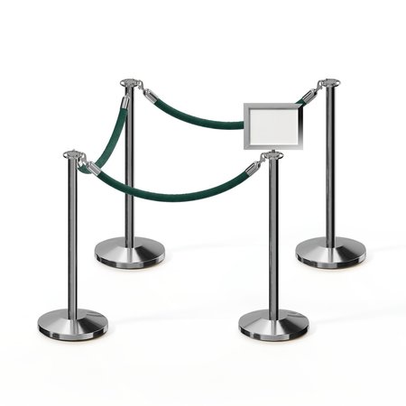 MONTOUR LINE Stanchion Post & Rope Kit Pol.Steel, 4FlatTop 3Green Rope 8.5x11H Sign C-Kit-3-PS-FL-1-Tapped-1-8511-H-3-PVR-GN-PS
